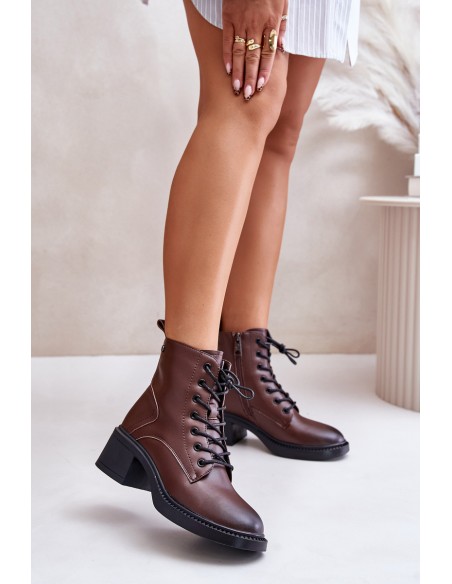 Warm Women's Boots on Low Heels Made of Natural Leather Vinceza 66722 Brown