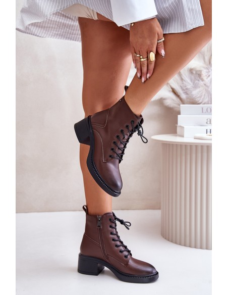 Warm Women's Boots on Low Heels Made of Natural Leather Vinceza 66722 Brown