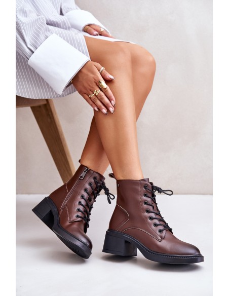 Warm Women's Boots on Low Heels Made of Natural Leather Vinceza 66722 Brown