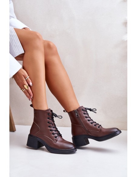 Warm Women's Boots on Low Heels Made of Natural Leather Vinceza 66722 Brown