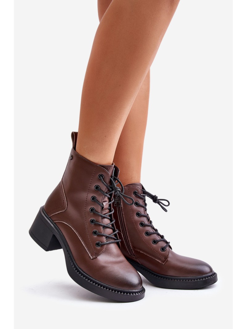 Warm Women's Boots on Low Heels Made of Natural Leather Vinceza 66722 Brown