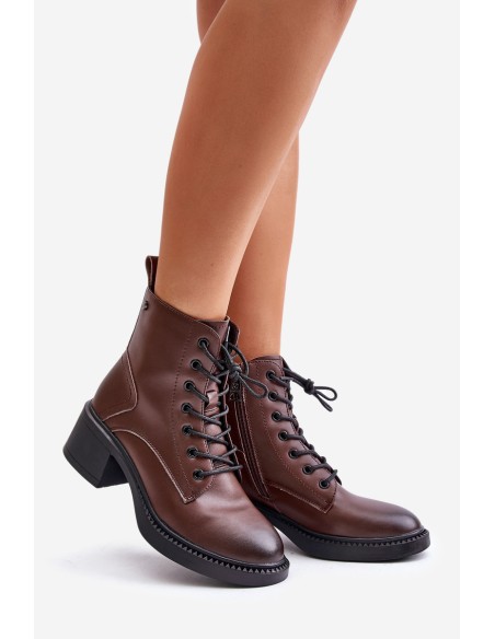 Warm Women's Boots on Low Heels Made of Natural Leather Vinceza 66722 Brown