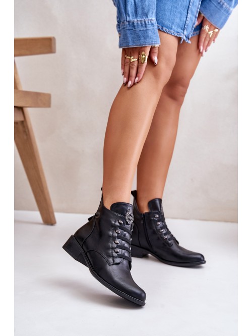 Low Insulated Ankle Boots with Zipper and Decoration Black Nevalia