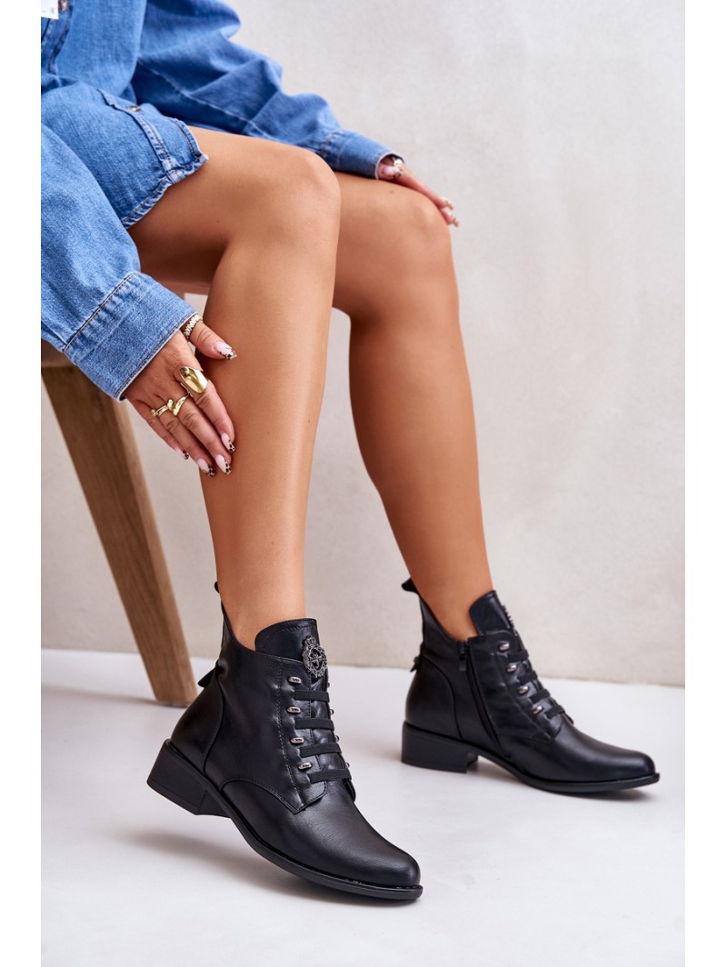 Low Insulated Ankle Boots with Zipper and Decoration Black Nevalia
