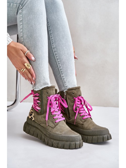 Women's Platform Boots With Decorative Lacing Leopard Green Edidda