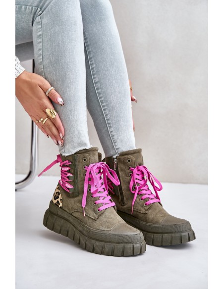 Women's Platform Boots With Decorative Lacing Leopard Green Edidda