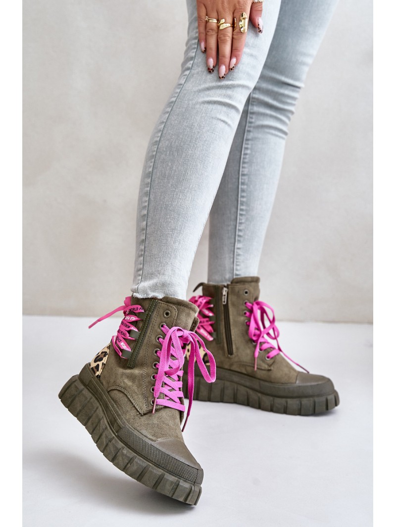 Women's Platform Boots With Decorative Lacing Leopard Green Edidda