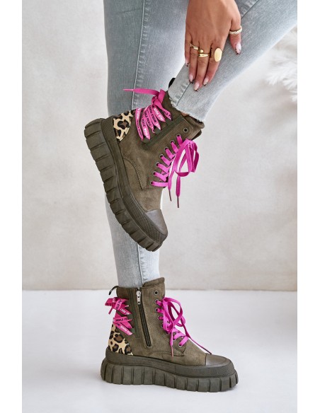 Women's Platform Boots With Decorative Lacing Leopard Green Edidda
