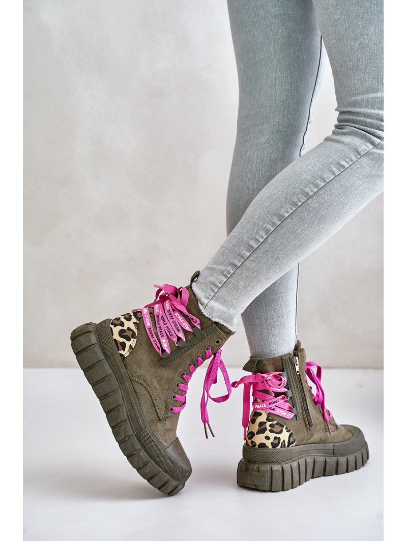 Women's Platform Boots With Decorative Lacing Leopard Green Edidda