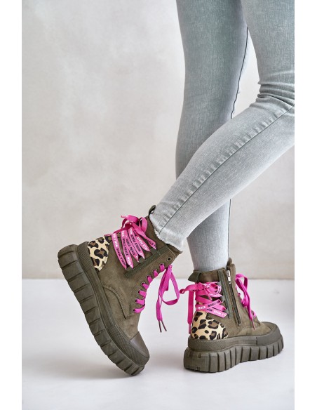 Women's Platform Boots With Decorative Lacing Leopard Green Edidda