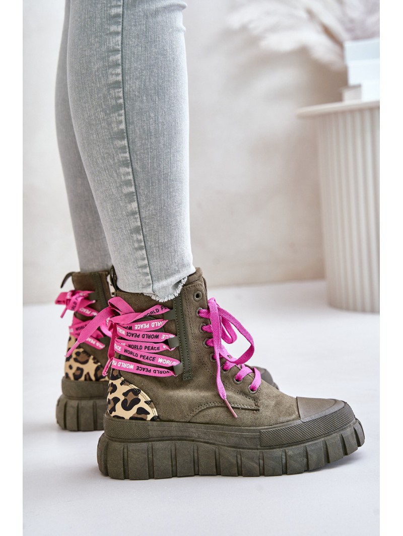 Women's Platform Boots With Decorative Lacing Leopard Green Edidda