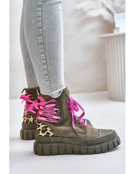 Women's Platform Boots With Decorative Lacing Leopard Green Edidda