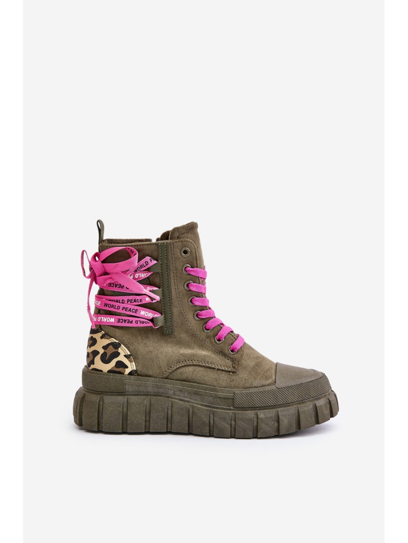 Women's Platform Boots With Decorative Lacing Leopard Green Edidda
