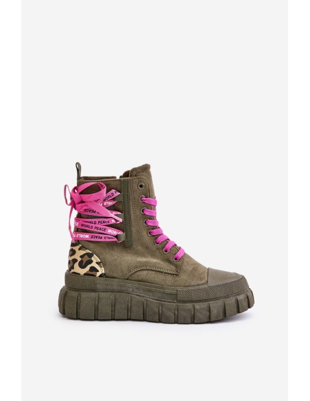 Women's Platform Boots With Decorative Lacing Leopard Green Edidda