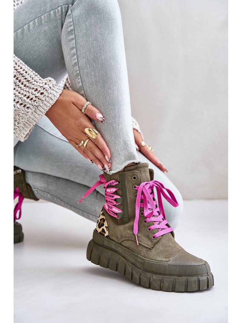 Women's Platform Boots With Decorative Lacing Leopard Green Edidda