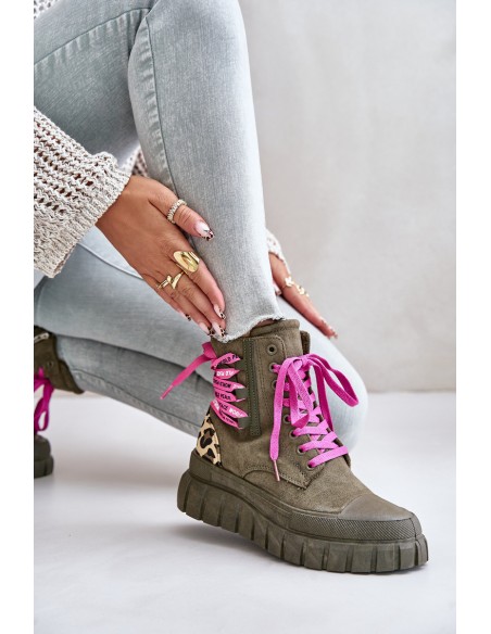 Women's Platform Boots With Decorative Lacing Leopard Green Edidda