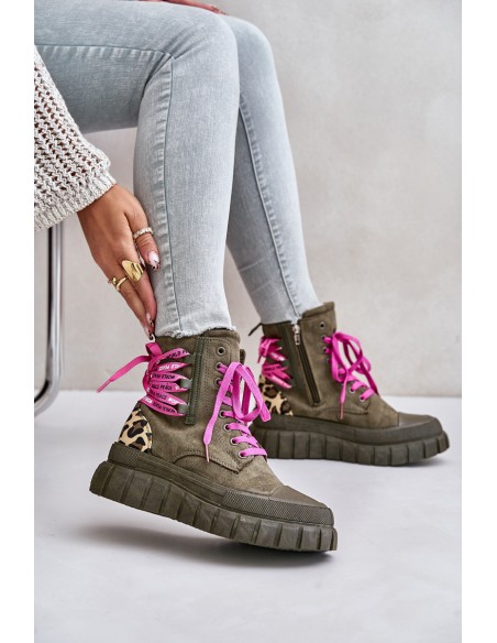 Women's Platform Boots With Decorative Lacing Leopard Green Edidda