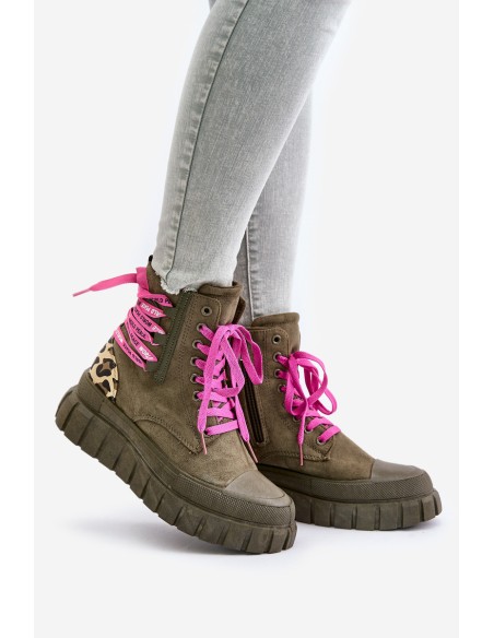 Women's Platform Boots With Decorative Lacing Leopard Green Edidda