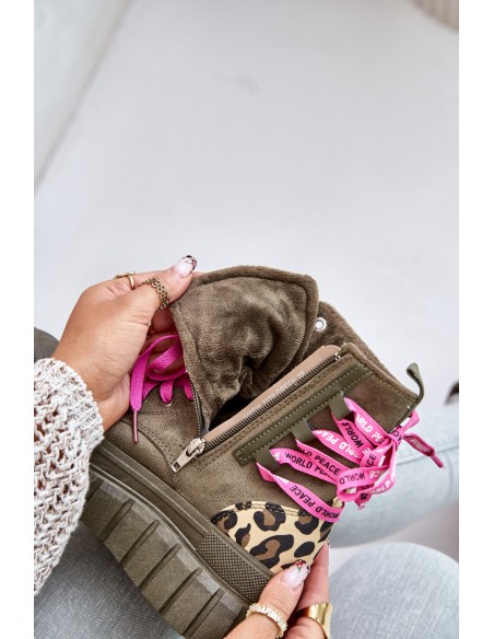 Women's Platform Boots With Decorative Lacing Leopard Green Edidda