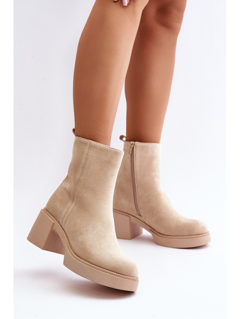 Eco Suede Women's Heeled Boots Insulated Light Beige Meriluna