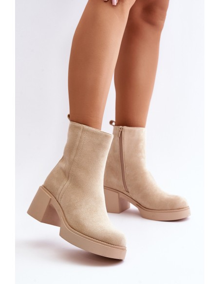 Eco Suede Women's Heeled Boots Insulated Light Beige Meriluna
