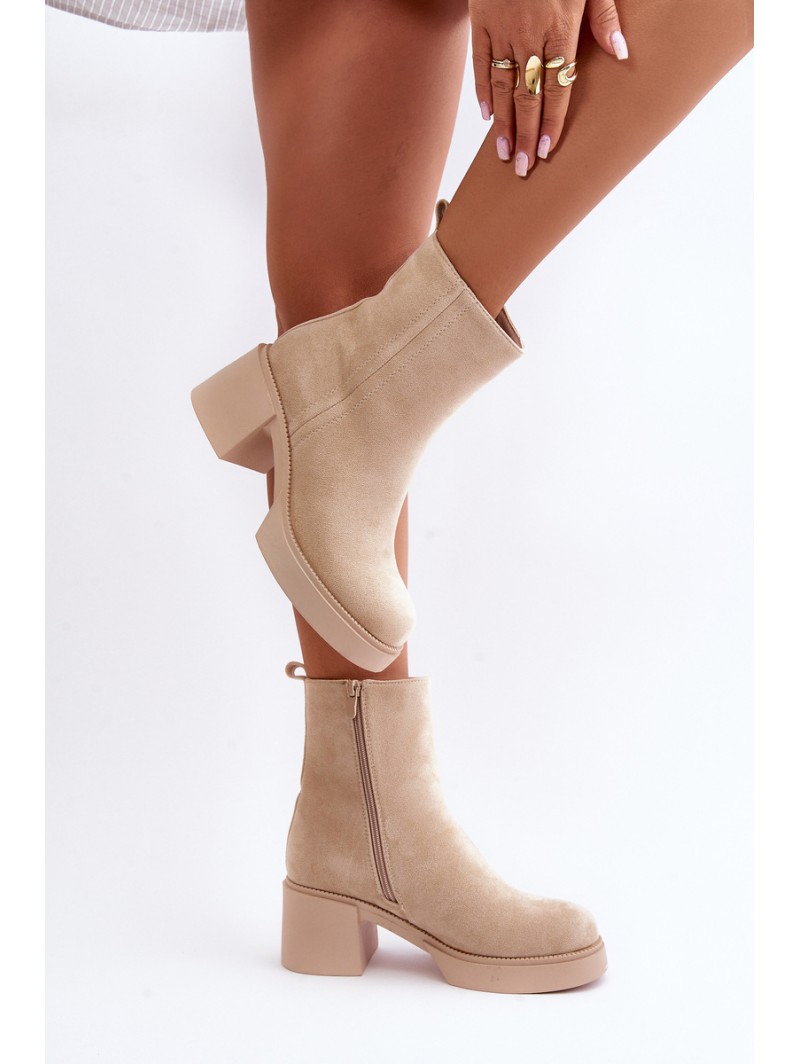 Eco Suede Women's Heeled Boots Insulated Light Beige Meriluna