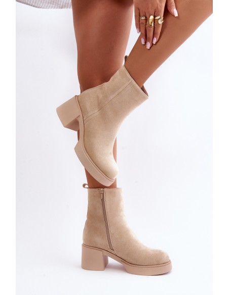 Eco Suede Women's Heeled Boots Insulated Light Beige Meriluna
