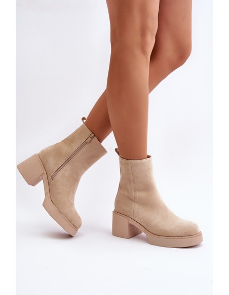 Eco Suede Women's Heeled Boots Insulated Light Beige Meriluna