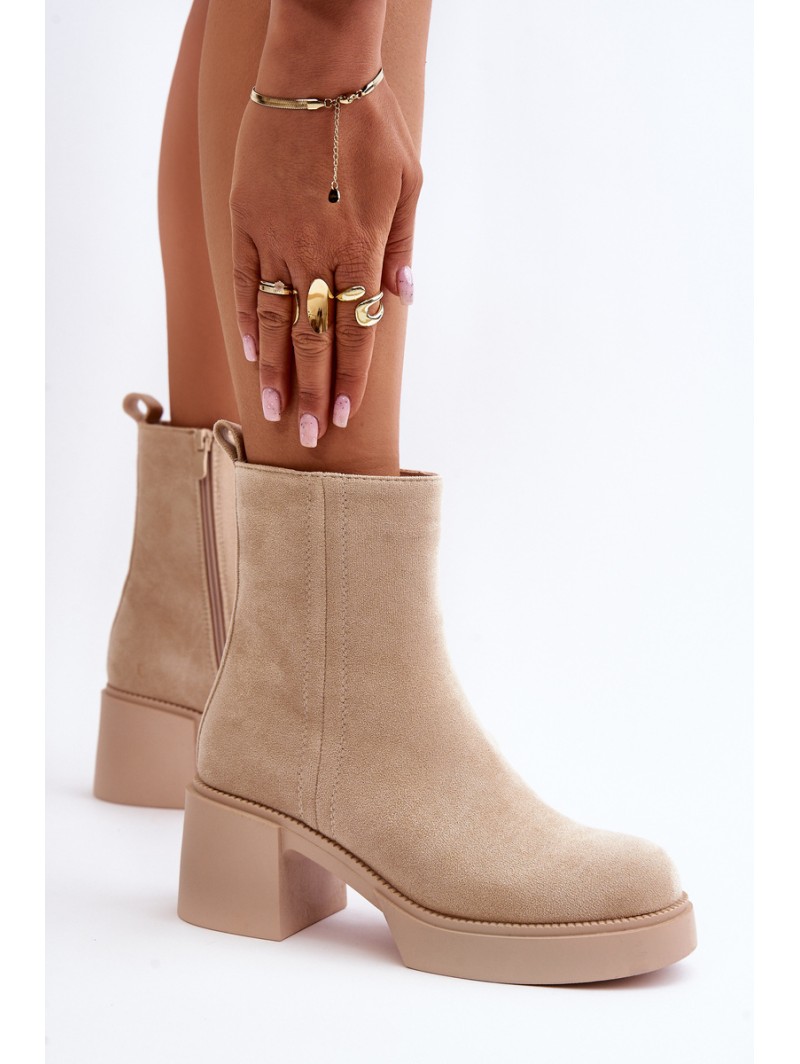 Eco Suede Women's Heeled Boots Insulated Light Beige Meriluna