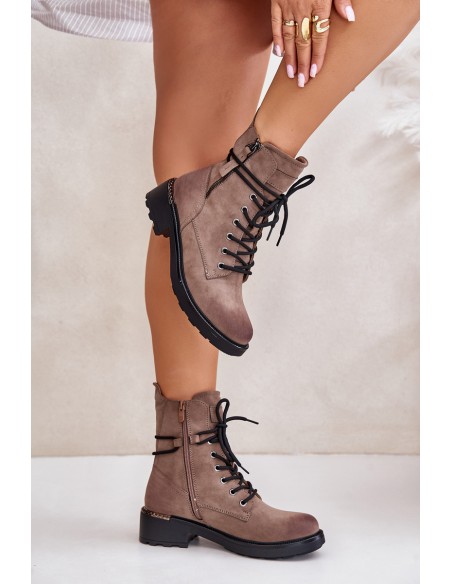 High Worker Boots With Zippers Dark Beige Maisa
