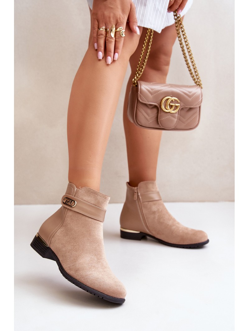 Warm women's ankle boots with flat heel and gold detail beige Ravasira