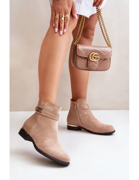 Warm women's ankle boots with flat heel and gold detail beige Ravasira