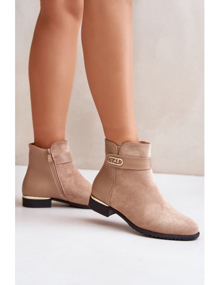 Warm women's ankle boots with flat heel and gold detail beige Ravasira