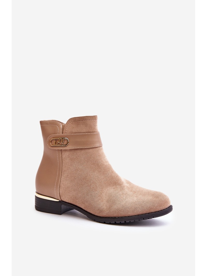 Warm women's ankle boots with flat heel and gold detail beige Ravasira