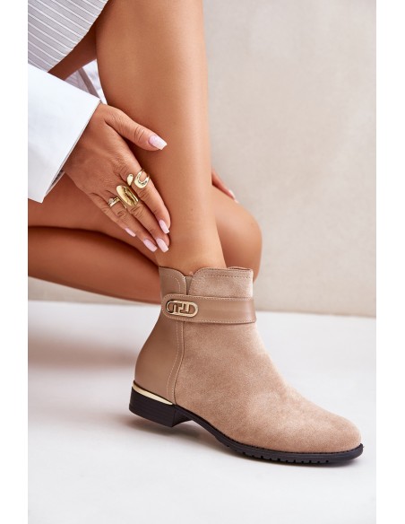 Warm women's ankle boots with flat heel and gold detail beige Ravasira