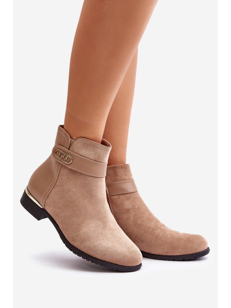 Warm women's ankle boots with flat heel and gold detail beige Ravasira