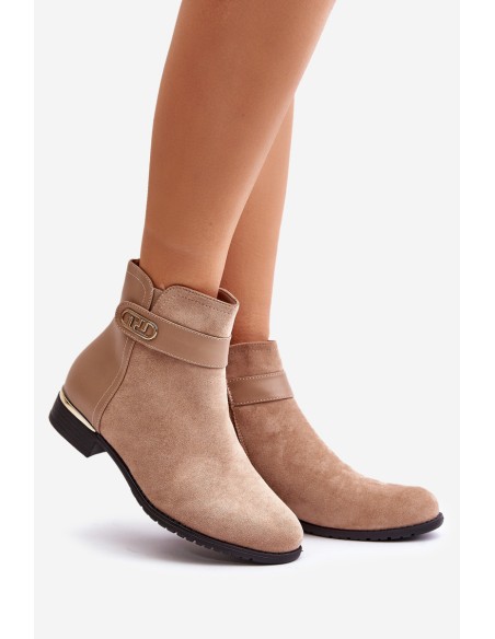 Warm women's ankle boots with flat heel and gold detail beige Ravasira