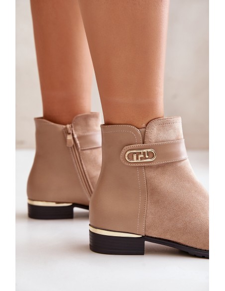 Warm women's ankle boots with flat heel and gold detail beige Ravasira