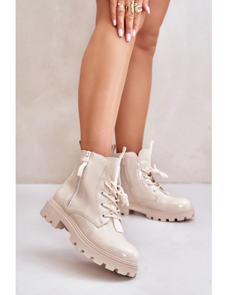 Lacquered Women s Work Boots Insulated With Inscriptions Beige Zinfreya