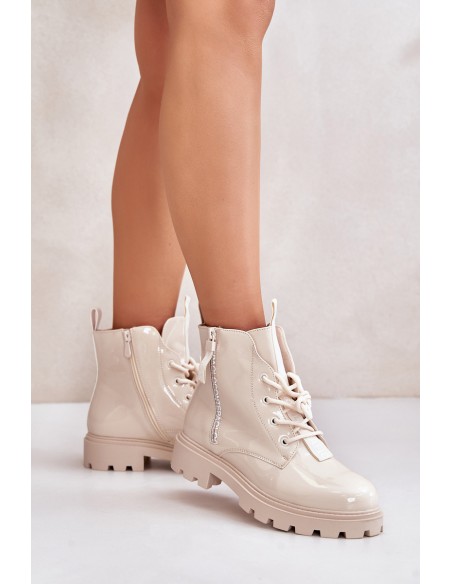 Lacquered Women s Work Boots Insulated With Inscriptions Beige Zinfreya