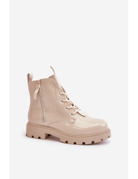Lacquered Women s Work Boots Insulated With Inscriptions Beige Zinfreya
