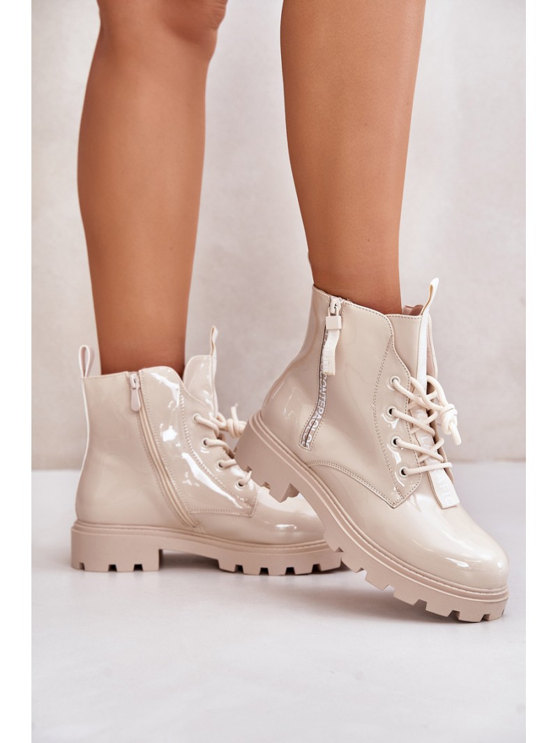Lacquered Women s Work Boots Insulated With Inscriptions Beige Zinfreya