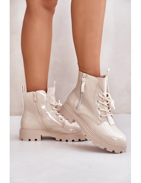 Lacquered Women s Work Boots Insulated With Inscriptions Beige Zinfreya