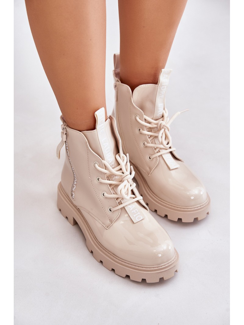Lacquered Women s Work Boots Insulated With Inscriptions Beige Zinfreya