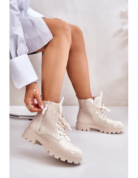Lacquered Women s Work Boots Insulated With Inscriptions Beige Zinfreya