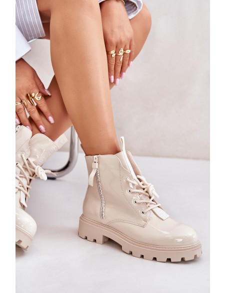 Lacquered Women s Work Boots Insulated With Inscriptions Beige Zinfreya