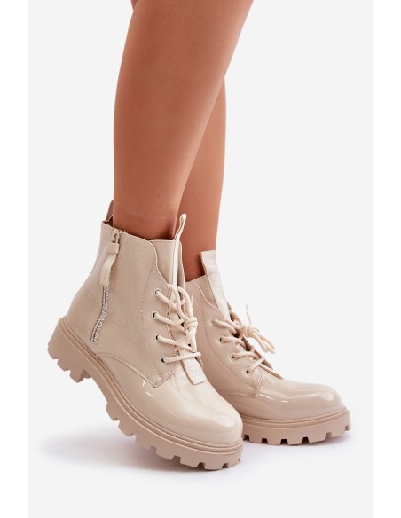 Lacquered Women s Work Boots Insulated With Inscriptions Beige Zinfreya