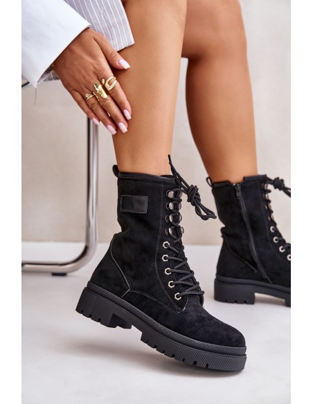 Women's Zip Up Worker Boots Made Of Eco Suede Black Savalann