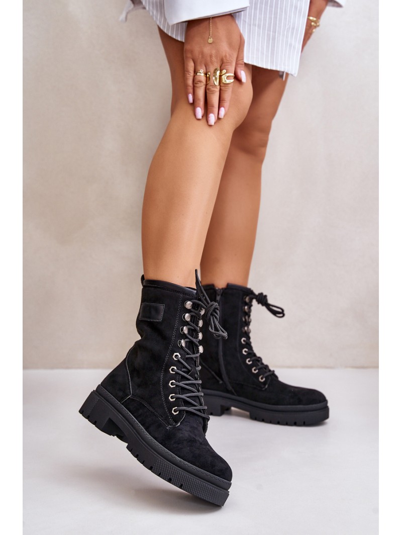 Women's Zip Up Worker Boots Made Of Eco Suede Black Savalann