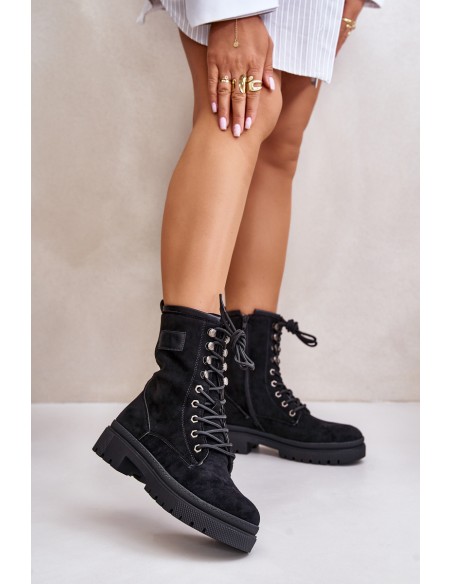 Women's Zip Up Worker Boots Made Of Eco Suede Black Savalann